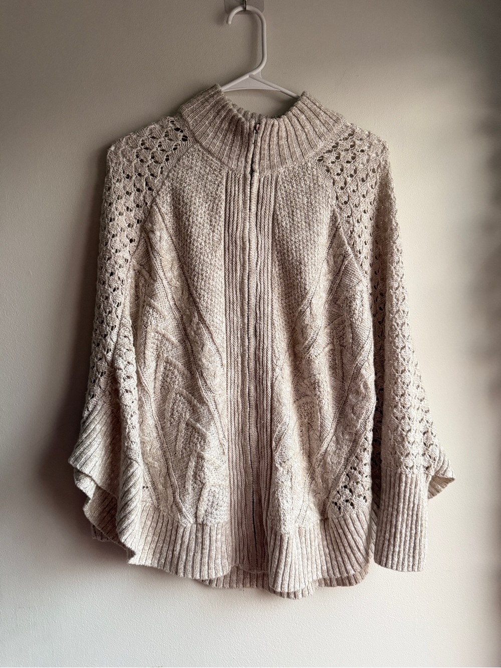 Maurices Cream Cable Knit Full Zip Batwing Poncho Sweater M/L